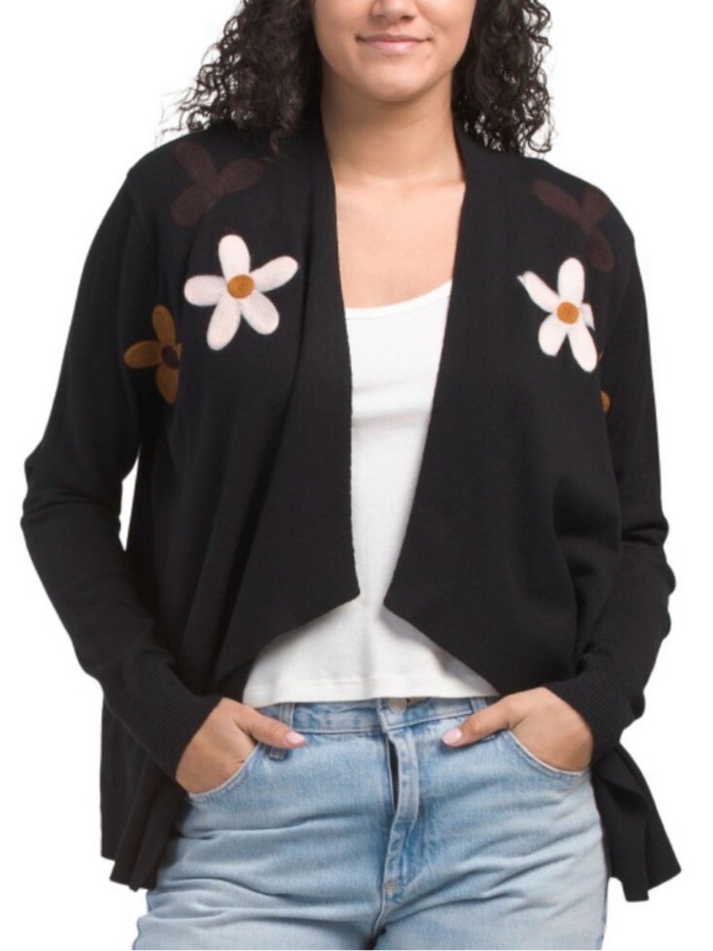 Black Floral Open-Front Cardigan Sweater
